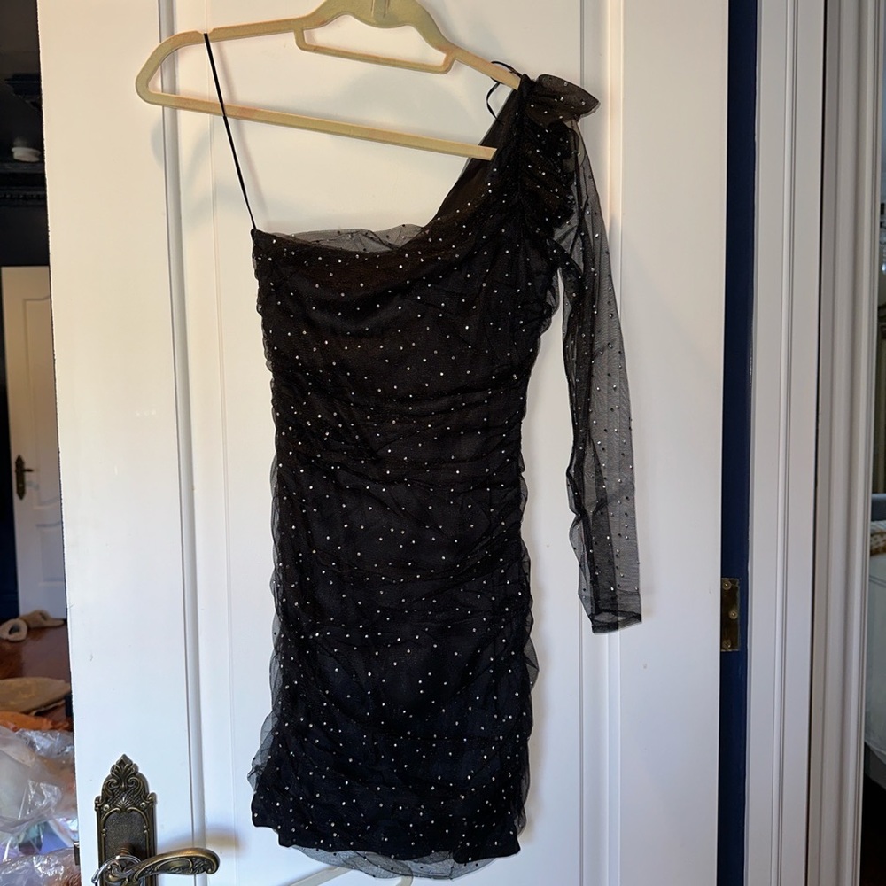 zara black rhinestone one shoulder black bodycon dress - Picture 2 of 3